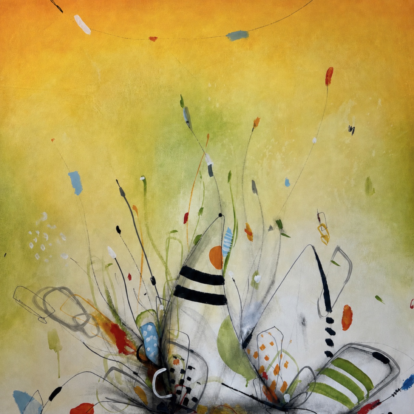 A yellow and green abstract painting by Ivan "Shie" Moreno.