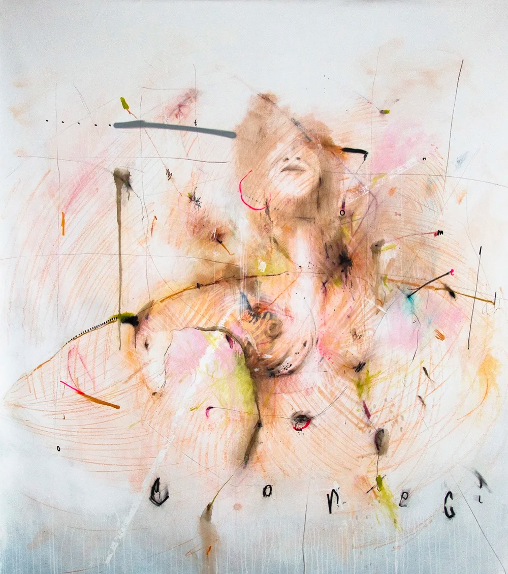 Expressive figurative artwork in pale pink, yellow, and black by Ivan "Shie" Moreno.