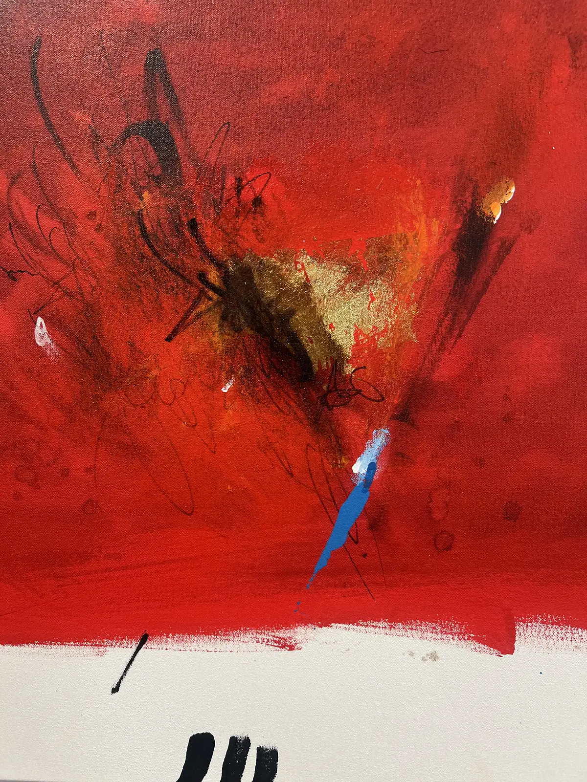 Detail of the expressive red, black, and blue artwork Simple Flow by Ivan "Shie" Moreno.