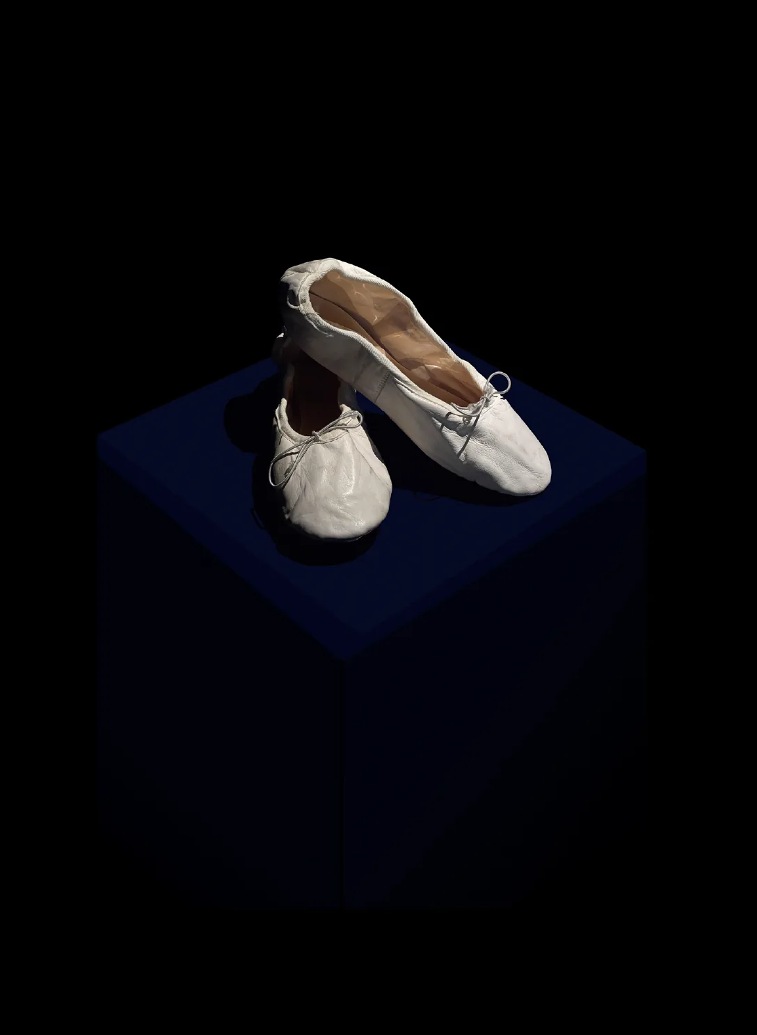 Pair of sculptural shoes illuminated on a dark blue plinth.